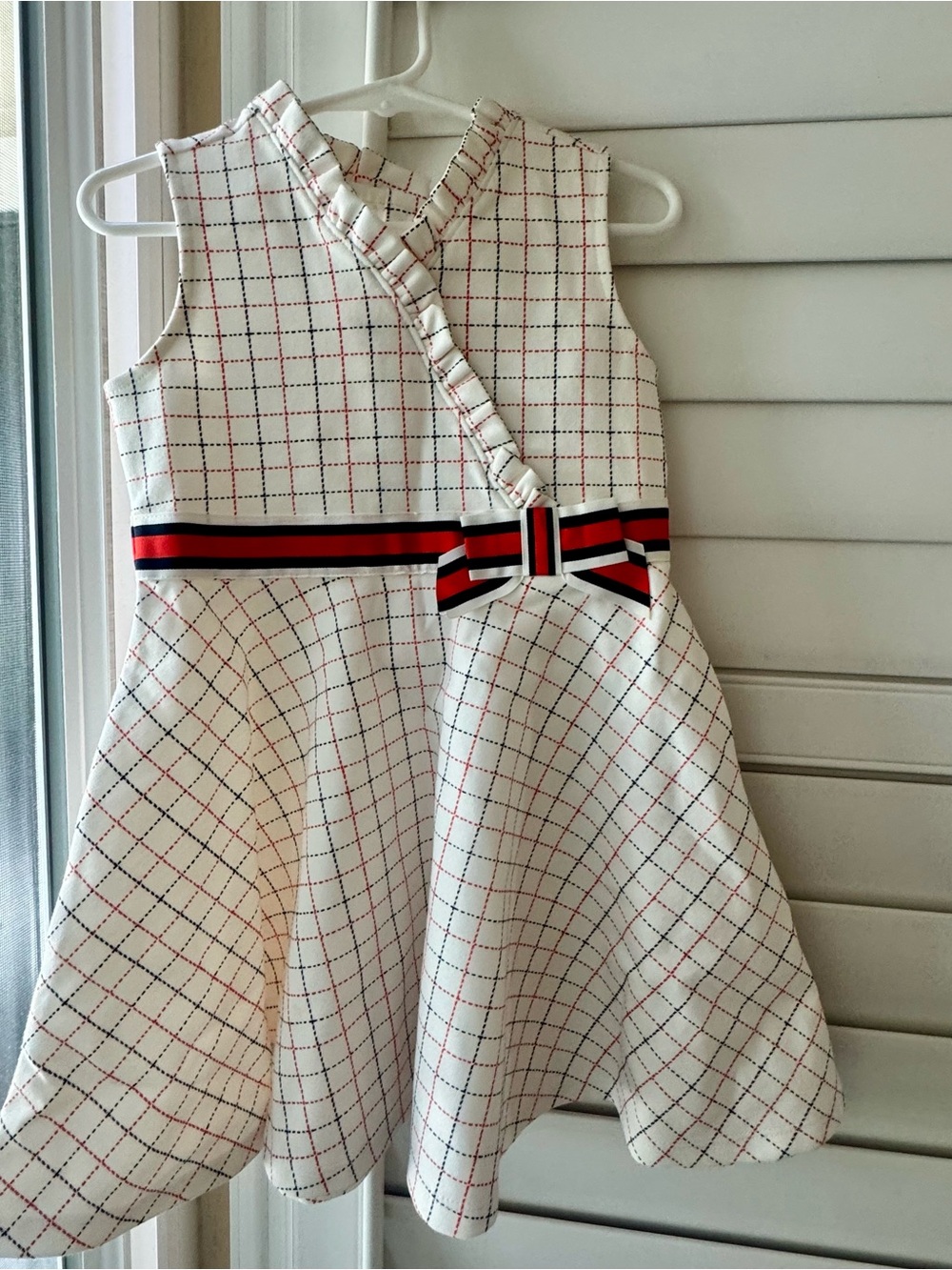 New Janie and Jack Ivory Plaid Dress w Red & Navy Ribbon and matching cardigan